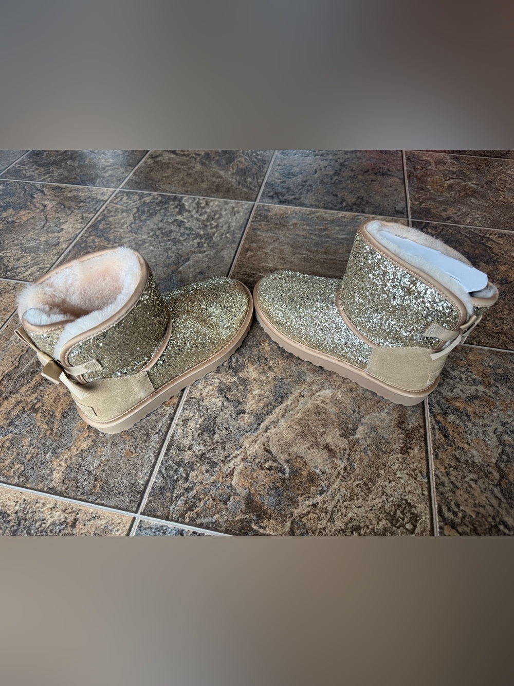 UGG Classic Mini Bow Cosmos Pull On Boots- Gold Glitter, Women’s Size 8
